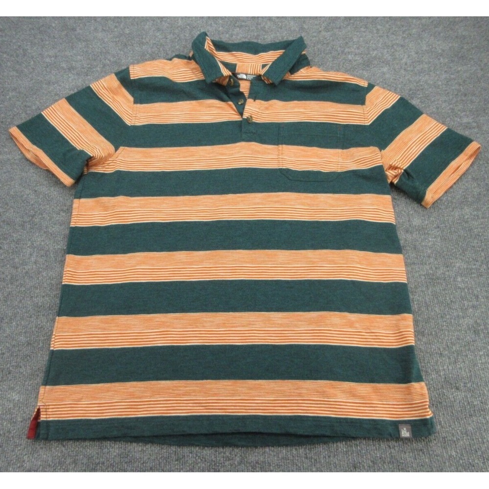 The North Face Mens Polo Shirt Regular Green Orange Striped Pocket XL